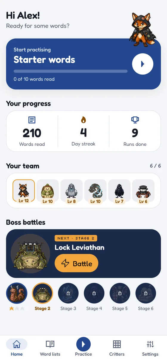 The home screen with a child's reading progress, their team of six critters and the next boss battle