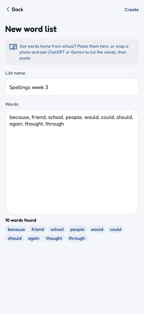 Adding a new word list by pasting in this week's spelling words