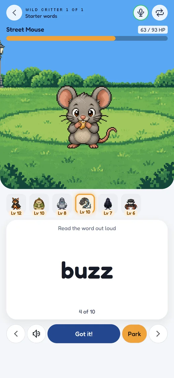 Practice with voice recognition on: a green ring around the microphone button, a wild Street Mouse and the word buzz