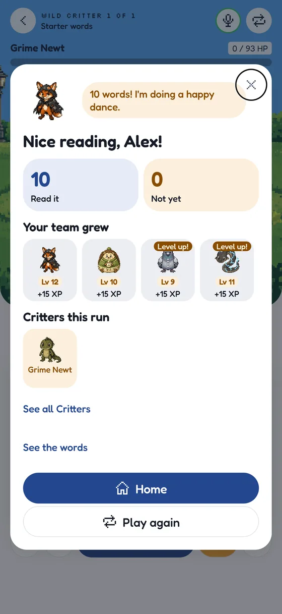 The end-of-run summary with the team's level-ups