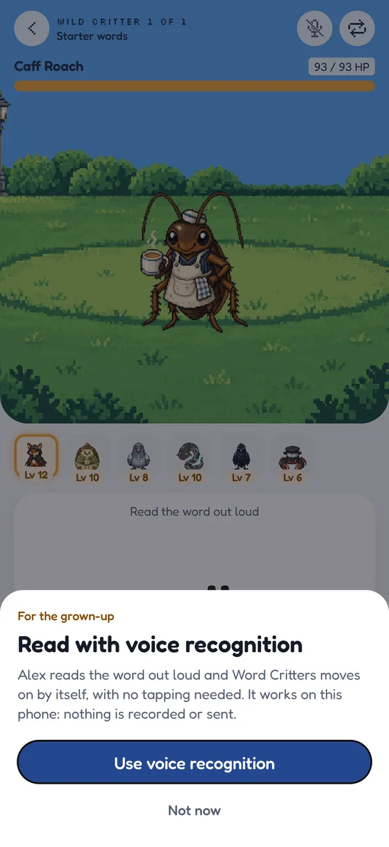 A card over the first practice word offering to read with voice recognition, with Use voice recognition and Not now buttons
