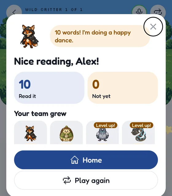 The end-of-run summary: 10 words read and the team levelled up
