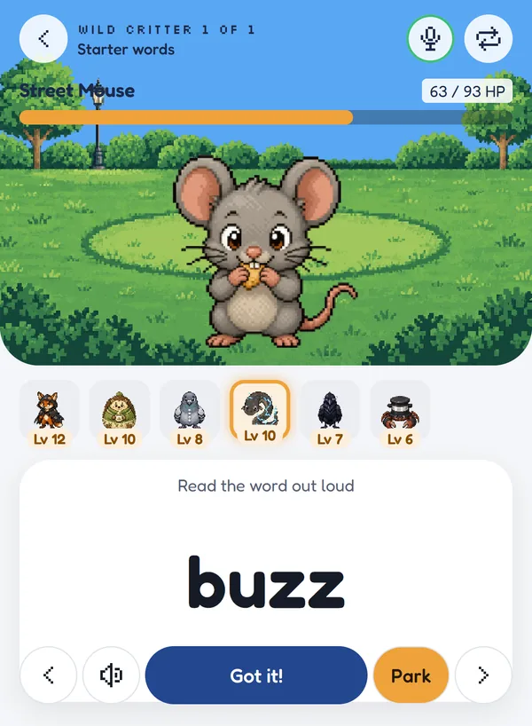 The practice screen on a phone: a wild Street Mouse, the team, the word "buzz" on a card, the Got it! and Park buttons and the green microphone ring