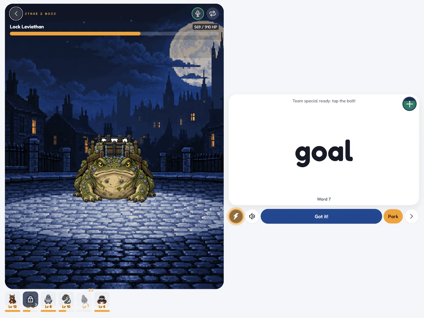A boss battle on an iPad: Lock Leviathan, a giant toad, on a moonlit London street, with the team special glowing, a heal ready and one critter stunned