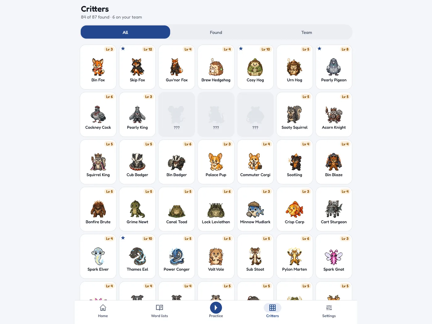 The critter collection on an iPad, with found critters in colour and unfound ones as shadows