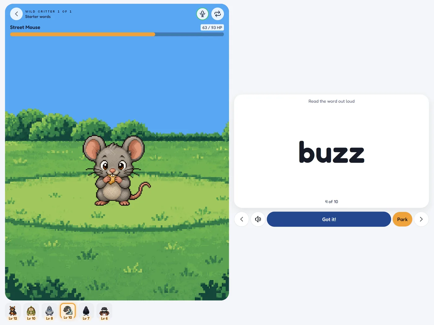 Practice on an iPad: a wild Street Mouse in the park beside the word "buzz" and the Got it! button
